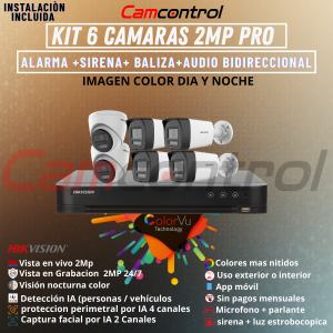 KIT 6 CAMARAS 2MP PRO ALARMA+SIRENA+BALIZA+AUDIO BIDIRECCIONAL