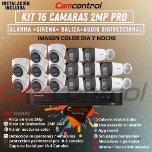 KIT 16 CAMARAS 2MP PRO ALARMA+SIRENA+BALIZA+AUDIO BIDIRECCIONAL