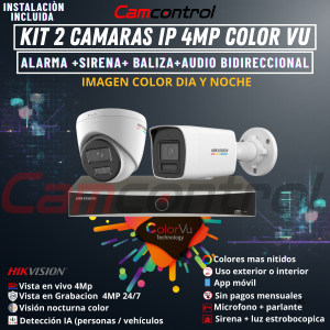 KIT 2 CAMARAS IP 4MP COLOR VU +ALARMA +SIRENA+ BALIZA+AUDIO BIDIRECCIONAL