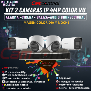 KIT 4 CAMARAS IP 4MP COLOR VU +ALARMA +SIRENA+ BALIZA+AUDIO BIDIRECCIONAL