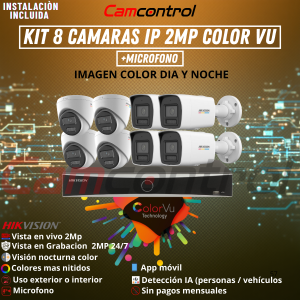 KIT 8 CAMARAS IP 2MP ColorVu + MIRCROFONO