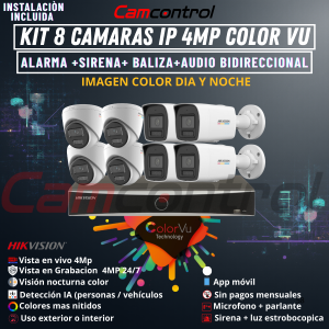 KIT 8 CAMARAS IP 4MP COLOR VU +ALARMA +SIRENA+ BALIZA+AUDIO BIDIRECCIONAL
