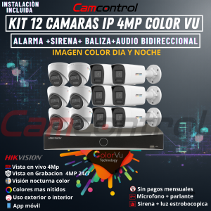 KIT 12 CAMARAS IP 4MP COLOR VU +ALARMA +SIRENA+ BALIZA+AUDIO BIDIRECCIONAL